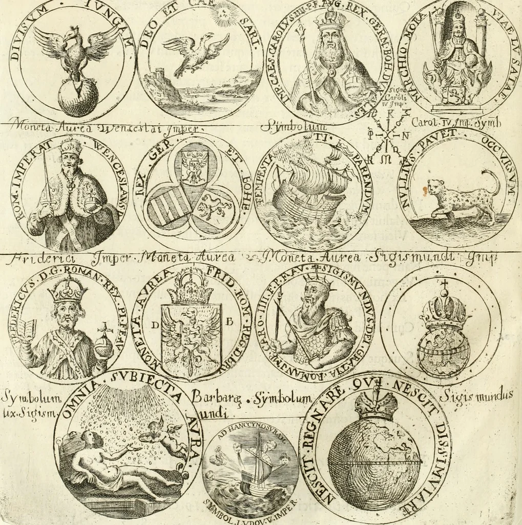 An illustration from Aquila vaga, sub qua ex diuersis nationibus et familijs a VVilhelmo Hollando vsquè ad Sigismundum Lutzelburgium occidentis imperatorem XXXIX. elogijs, hieroglyphicis, numismatibus, insignibus, symbolis, imaginibus antiquis ad viuum exhibentur exculpti, & longa historiarum serie exarati ..., 1679, leaf 139