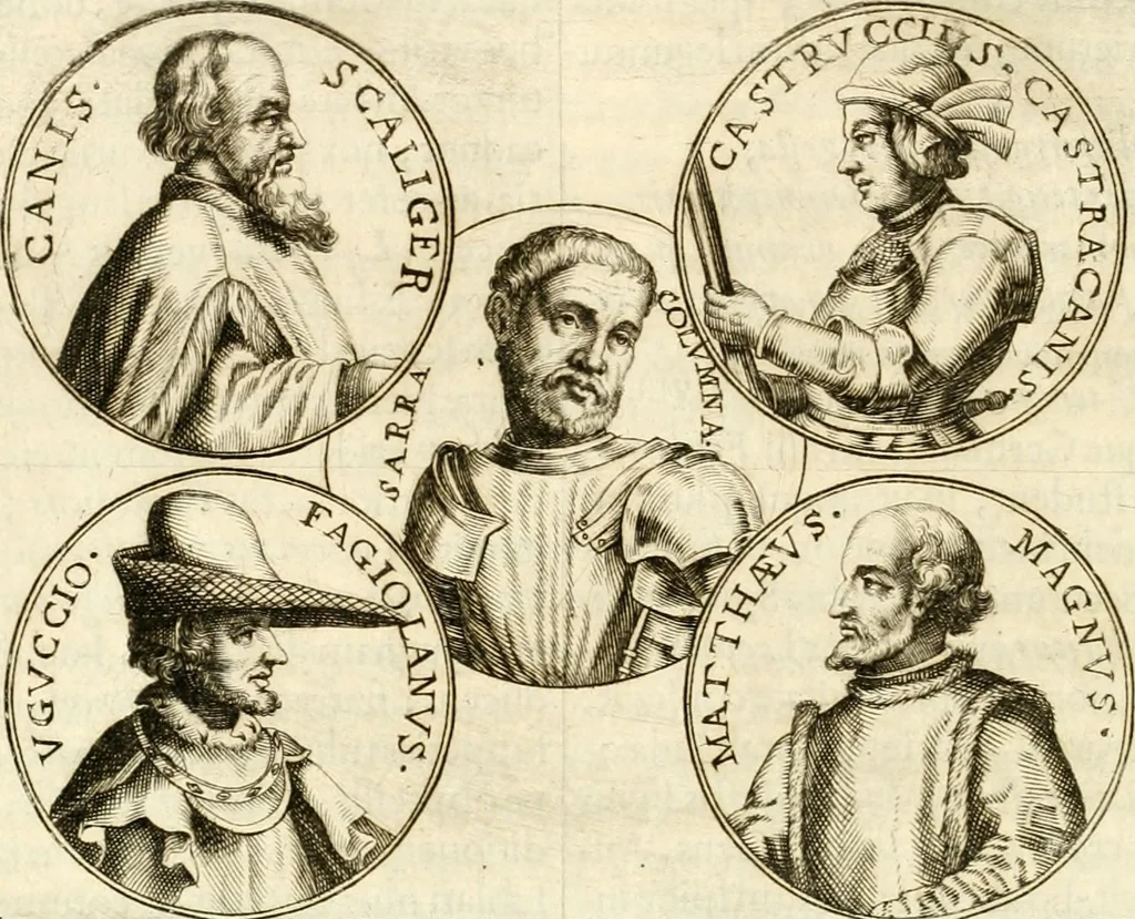 An illustration from Aquila vaga, sub qua ex diuersis nationibus et familijs a VVilhelmo Hollando vsquè ad Sigismundum Lutzelburgium occidentis imperatorem XXXIX. elogijs, hieroglyphicis, numismatibus, insignibus, symbolis, imaginibus antiquis ad viuum exhibentur exculpti, & longa historiarum serie exarati ..., 1679, leaf 151
