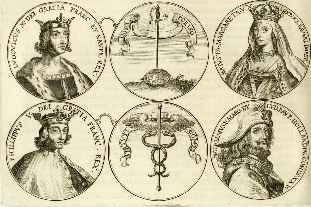 An illustration from Aquila vaga, sub qua ex diuersis nationibus et familijs a VVilhelmo Hollando vsquè ad Sigismundum Lutzelburgium occidentis imperatorem XXXIX. elogijs, hieroglyphicis, numismatibus, insignibus, symbolis, imaginibus antiquis ad viuum exhibentur exculpti, & longa historiarum serie exarati ..., 1679, leaf 157