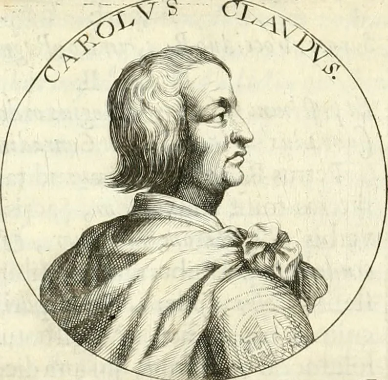An illustration from Aquila vaga, sub qua ex diuersis nationibus et familijs a VVilhelmo Hollando vsquè ad Sigismundum Lutzelburgium occidentis imperatorem XXXIX. elogijs, hieroglyphicis, numismatibus, insignibus, symbolis, imaginibus antiquis ad viuum exhibentur exculpti, & longa historiarum serie exarati ..., 1679, leaf 23