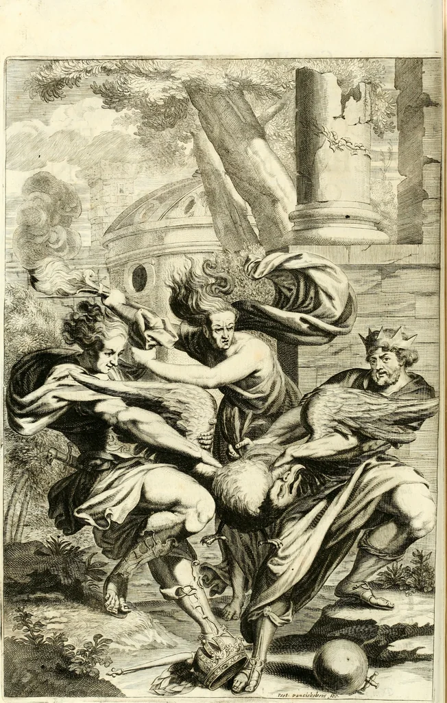 An illustration from Aquila vaga, sub qua ex diuersis nationibus et familijs a VVilhelmo Hollando vsquè ad Sigismundum Lutzelburgium occidentis imperatorem XXXIX. elogijs, hieroglyphicis, numismatibus, insignibus, symbolis, imaginibus antiquis ad viuum exhibentur exculpti, & longa historiarum serie exarati ..., 1679, leaf 25