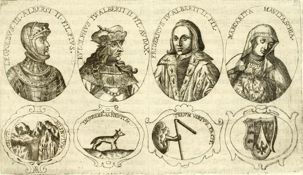 An illustration from Aquila vaga, sub qua ex diuersis nationibus et familijs a VVilhelmo Hollando vsquè ad Sigismundum Lutzelburgium occidentis imperatorem XXXIX. elogijs, hieroglyphicis, numismatibus, insignibus, symbolis, imaginibus antiquis ad viuum exhibentur exculpti, & longa historiarum serie exarati ..., 1679, leaf 284