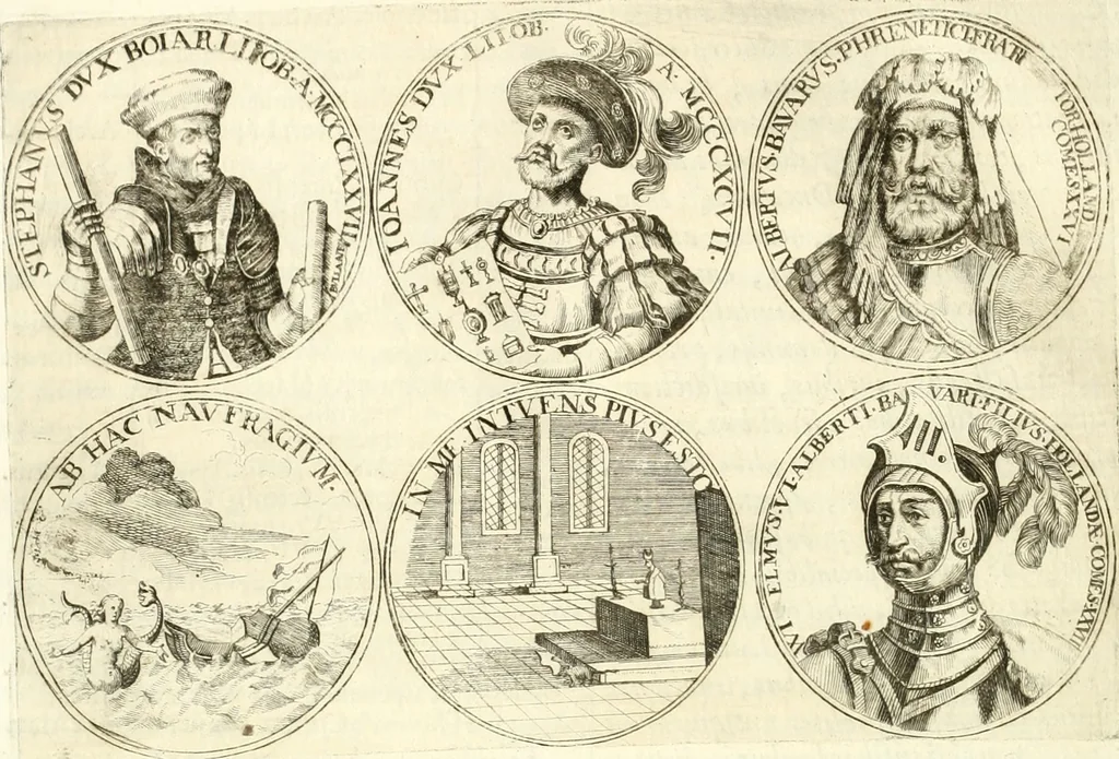 An illustration from Aquila vaga, sub qua ex diuersis nationibus et familijs a VVilhelmo Hollando vsquè ad Sigismundum Lutzelburgium occidentis imperatorem XXXIX. elogijs, hieroglyphicis, numismatibus, insignibus, symbolis, imaginibus antiquis ad viuum exhibentur exculpti, & longa historiarum serie exarati ..., 1679, leaf 295