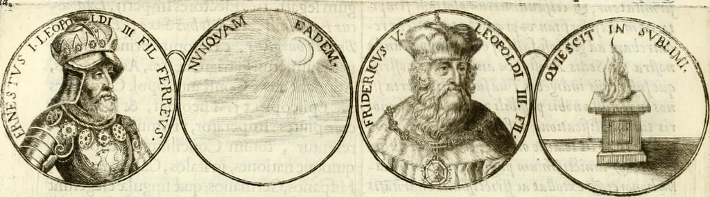 An illustration from Aquila vaga, sub qua ex diuersis nationibus et familijs a VVilhelmo Hollando vsquè ad Sigismundum Lutzelburgium occidentis imperatorem XXXIX. elogijs, hieroglyphicis, numismatibus, insignibus, symbolis, imaginibus antiquis ad viuum exhibentur exculpti, & longa historiarum serie exarati ..., 1679, leaf 371