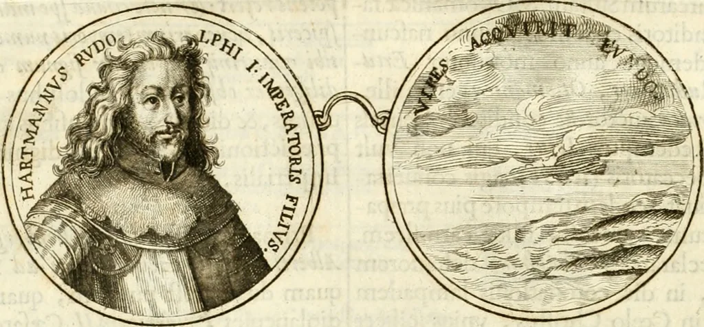 An illustration from Aquila vaga, sub qua ex diuersis nationibus et familijs a VVilhelmo Hollando vsquè ad Sigismundum Lutzelburgium occidentis imperatorem XXXIX. elogijs, hieroglyphicis, numismatibus, insignibus, symbolis, imaginibus antiquis ad viuum exhibentur exculpti, & longa historiarum serie exarati ..., 1679, leaf 47
