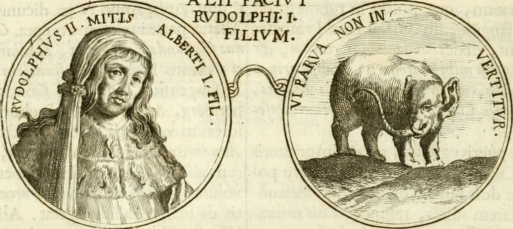 An illustration from Aquila vaga, sub qua ex diuersis nationibus et familijs a VVilhelmo Hollando vsquè ad Sigismundum Lutzelburgium occidentis imperatorem XXXIX. elogijs, hieroglyphicis, numismatibus, insignibus, symbolis, imaginibus antiquis ad viuum exhibentur exculpti, & longa historiarum serie exarati ..., 1679, leaf 47