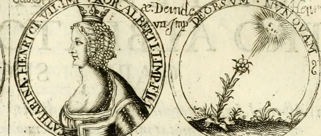 An illustration from Aquila vaga, sub qua ex diuersis nationibus et familijs a VVilhelmo Hollando vsquè ad Sigismundum Lutzelburgium occidentis imperatorem XXXIX. elogijs, hieroglyphicis, numismatibus, insignibus, symbolis, imaginibus antiquis ad viuum exhibentur exculpti, & longa historiarum serie exarati ..., 1679, leaf 87