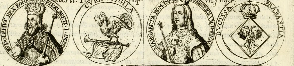 An illustration from Aquila vaga, sub qua ex diuersis nationibus et familijs a VVilhelmo Hollando vsquè ad Sigismundum Lutzelburgium occidentis imperatorem XXXIX. elogijs, hieroglyphicis, numismatibus, insignibus, symbolis, imaginibus antiquis ad viuum exhibentur exculpti, & longa historiarum serie exarati ..., 1679, leaf 87