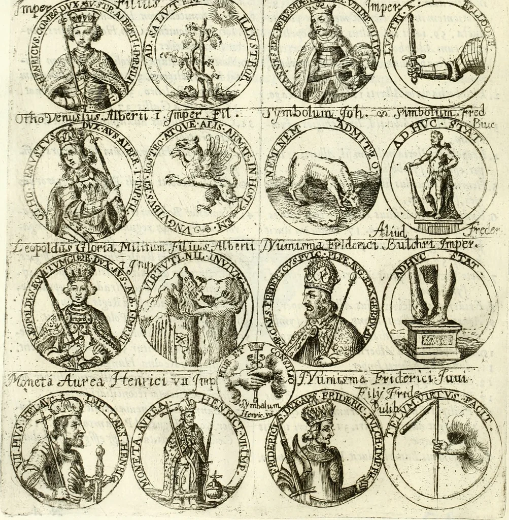 An illustration from Aquila vaga, sub qua ex diuersis nationibus et familijs a VVilhelmo Hollando vsquè ad Sigismundum Lutzelburgium occidentis imperatorem XXXIX. elogijs, hieroglyphicis, numismatibus, insignibus, symbolis, imaginibus antiquis ad viuum exhibentur exculpti, & longa historiarum serie exarati ..., 1679, leaf 87