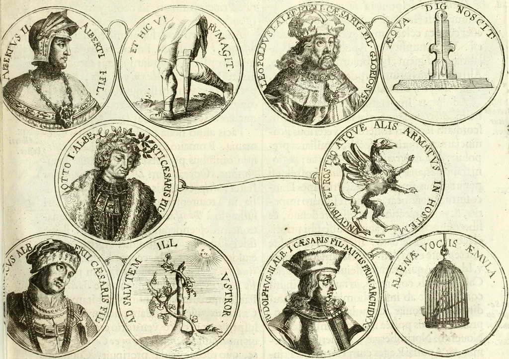 An illustration from Aquila vaga, sub qua ex diuersis nationibus et familijs a VVilhelmo Hollando vsquè ad Sigismundum Lutzelburgium occidentis imperatorem XXXIX. elogijs, hieroglyphicis, numismatibus, insignibus, symbolis, imaginibus antiquis ad viuum exhibentur exculpti, & longa historiarum serie exarati ..., 1679, leaf 88