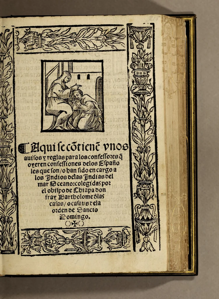 An illustration from Aqui se co[n]tiene[n] vnos auisos y reglas para los confessores q[ue] oyeren confessiones delos espa̋noles que son, o han sido en cargo a los indios de las Indias del mar oceano:, 1552, leaf 9