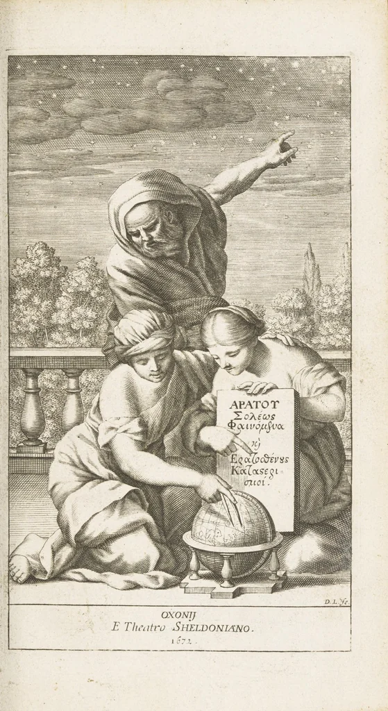 An illustration from Aratou Soleōs Phainomēna kai Diosēmeia. Theōnos scholia. Eratosthenous Katasterismoi. Metron tēs gēs Peripherias. Tou kubou diplasiasmos. Koskinon. Tou Neilou pēgai. Tou kanonos tomē. Dionysiou hymnoi. Accesserunt annotationes in Eratosthenem et hymnos Dionysii, 1672, leaf 13