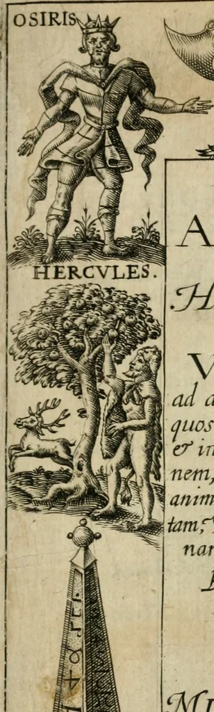 An illustration from Arcana arcanissima, hoc est, Hieroglyphica aegyptio-graeca : vulgo necdum cognita, ad demonstrandam falsorum apud antiquos deorum, dearum, heroum, animantium, & institutorum pro sacris receptorum, originem, ex vno Aegyptiorum artificio, quod aureu animi et corporis medicamentum peregit, deductam, vnde tot poëtarum allegoriae, scriptorum narrationes fabulosae et per totam encyclopaediam errores sparsi clarissima veritatis luce manifestantur, suaeq[ue] tribui singula restituuntur, sex libris exposita, 1614, leaf 4