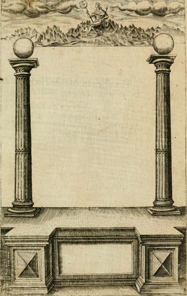 An illustration from Arcana arcanissima, hoc est, Hieroglyphica aegyptio-graeca : vulgo necdum cognita, ad demonstrandam falsorum apud antiquos deorum, dearum, heroum, animantium, & institutorum pro sacris receptorum, originem, ex vno Aegyptiorum artificio, quod aureu animi et corporis medicamentum peregit, deductam, vnde tot poëtarum allegoriae, scriptorum narrationes fabulosae et per totam encyclopaediam errores sparsi clarissima veritatis luce manifestantur, suaeq[ue] tribui singula restituuntur, sex libris exposita, 1614, leaf 6