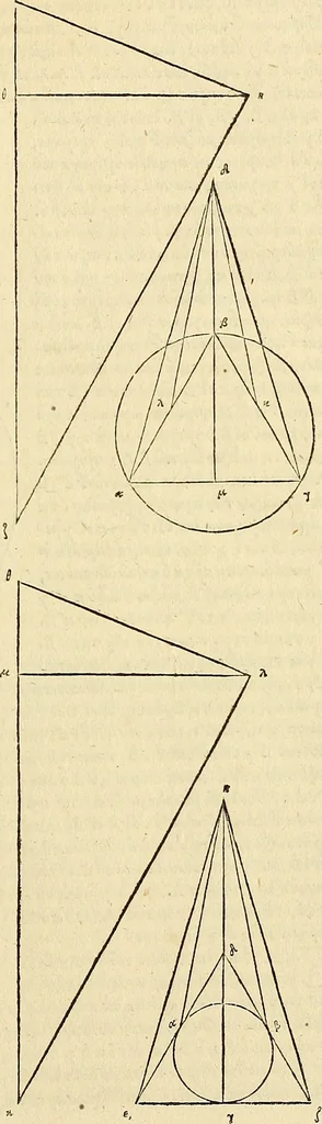 An illustration from Archimedes ta mechri nyn sozomena hapanta. Archimedis Syracusani philosophi ac geometrae excellentissimi opera, quae quidem extant, omnia, multis iam seculis desiderata, atque a quam paucissimis hactenus visa, nuncque primum et Graece et Latine in lucem edita ... Adiecta quoq; sunt Eutocii Ascalonitae in eosdem Archimedis libros commentaria, item Graece et Latine, nunquam antea excusa, 1544, leaf 16