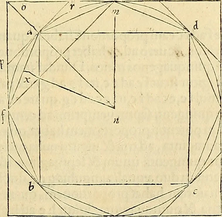 An illustration from Archimedes ta mechri nyn sozomena hapanta. Archimedis Syracusani philosophi ac geometrae excellentissimi opera, quae quidem extant, omnia, multis iam seculis desiderata, atque a quam paucissimis hactenus visa, nuncque primum et Graece et Latine in lucem edita ... Adiecta quoq; sunt Eutocii Ascalonitae in eosdem Archimedis libros commentaria, item Graece et Latine, nunquam antea excusa, 1544, leaf 214