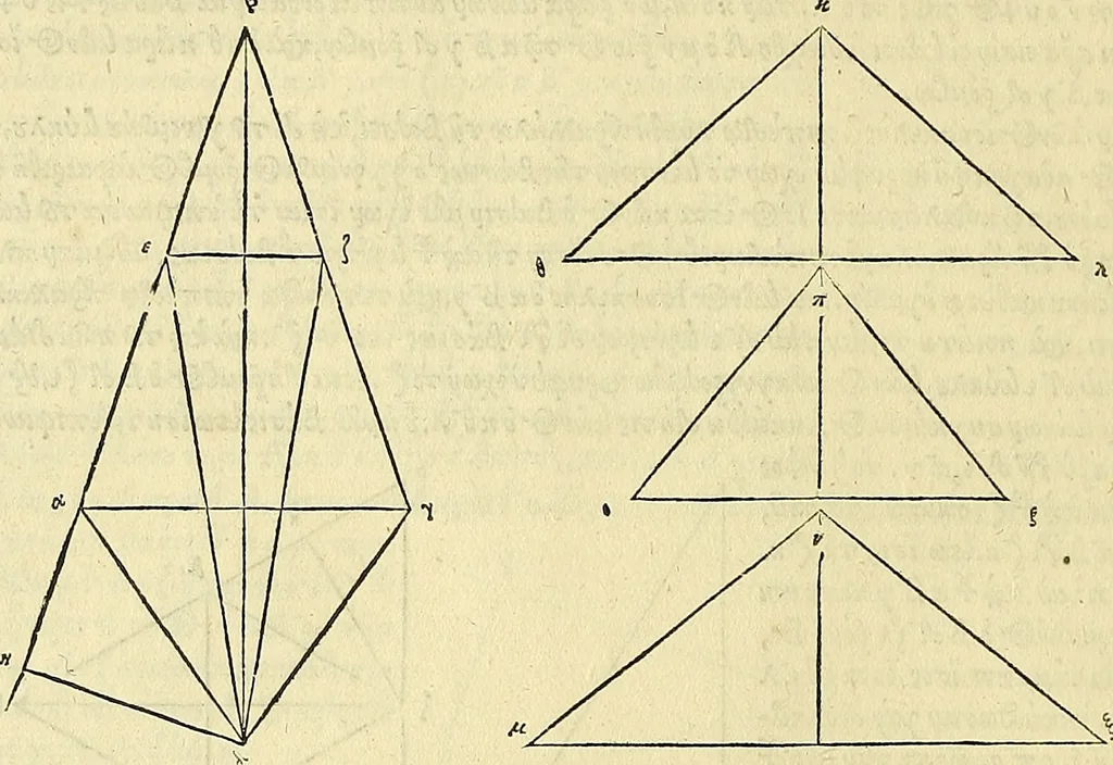 An illustration from Archimedes ta mechri nyn sozomena hapanta. Archimedis Syracusani philosophi ac geometrae excellentissimi opera, quae quidem extant, omnia, multis iam seculis desiderata, atque a quam paucissimis hactenus visa, nuncque primum et Graece et Latine in lucem edita ... Adiecta quoq; sunt Eutocii Ascalonitae in eosdem Archimedis libros commentaria, item Graece et Latine, nunquam antea excusa, 1544, leaf 27