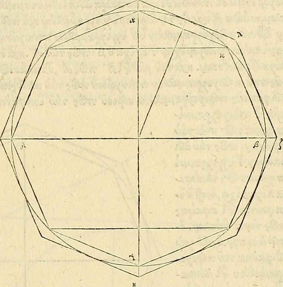 An illustration from Archimedes ta mechri nyn sozomena hapanta. Archimedis Syracusani philosophi ac geometrae excellentissimi opera, quae quidem extant, omnia, multis iam seculis desiderata, atque a quam paucissimis hactenus visa, nuncque primum et Graece et Latine in lucem edita ... Adiecta quoq; sunt Eutocii Ascalonitae in eosdem Archimedis libros commentaria, item Graece et Latine, nunquam antea excusa, 1544, leaf 34