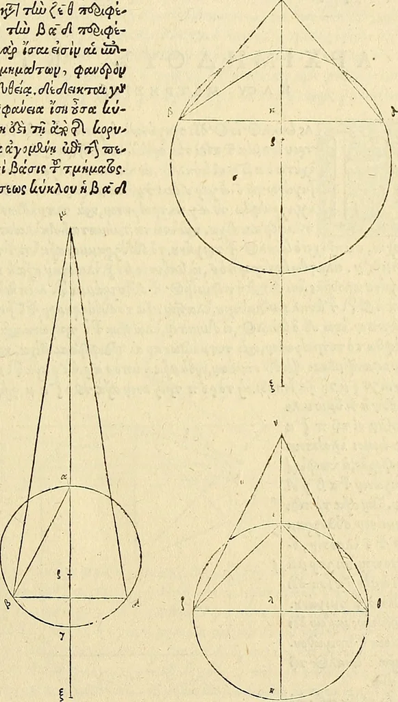 An illustration from Archimedes ta mechri nyn sozomena hapanta. Archimedis Syracusani philosophi ac geometrae excellentissimi opera, quae quidem extant, omnia, multis iam seculis desiderata, atque a quam paucissimis hactenus visa, nuncque primum et Graece et Latine in lucem edita ... Adiecta quoq; sunt Eutocii Ascalonitae in eosdem Archimedis libros commentaria, item Graece et Latine, nunquam antea excusa, 1544, leaf 54