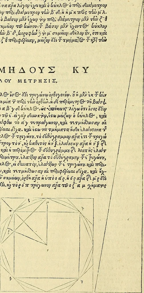 An illustration from Archimedes ta mechri nyn sozomena hapanta. Archimedis Syracusani philosophi ac geometrae excellentissimi opera, quae quidem extant, omnia, multis iam seculis desiderata, atque a quam paucissimis hactenus visa, nuncque primum et Graece et Latine in lucem edita ... Adiecta quoq; sunt Eutocii Ascalonitae in eosdem Archimedis libros commentaria, item Graece et Latine, nunquam antea excusa, 1544, leaf 55