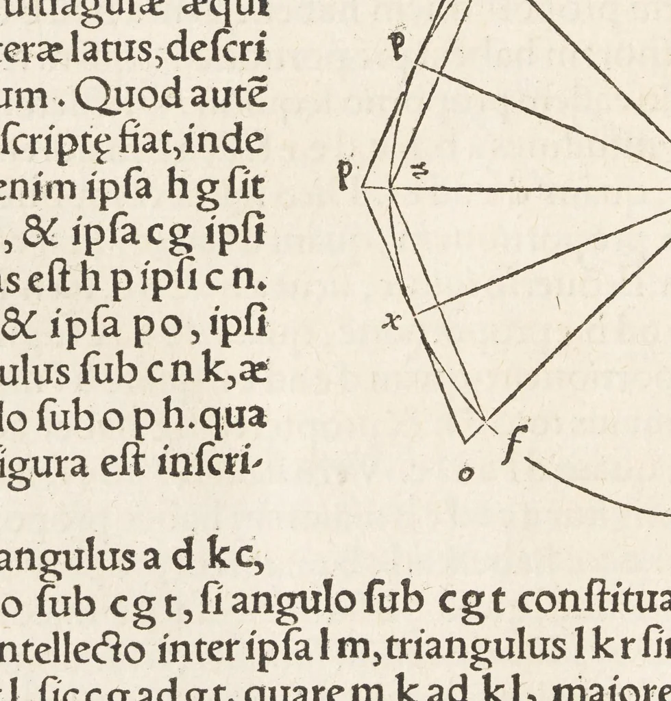 An illustration from Archimēdous tou Syrakousiou, Ta mechri nun sōzomena, hapanta = Archimedis Syracvsani philosophi ac geometrae excellentissimi opera, quæ quidem extant, omnia, multis iam seculis desiderata, atq[ue] à quàm paucissimis hactenus uisa, nuncq́[ue] primùm & Græcè & Latinè in lucem edita : quorum catalogum uersa pagina reperies : adiecta quoq[ue] sunt Evtocii Ascalonitae in eosdem Archimedis libros commentaria, item Graecè & Latinè, nunquam antea excusa, 1544, leaf 408