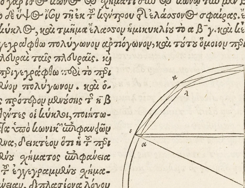 An illustration from Archimēdous tou Syrakousiou, Ta mechri nun sōzomena, hapanta = Archimedis Syracvsani philosophi ac geometrae excellentissimi opera, quæ quidem extant, omnia, multis iam seculis desiderata, atq[ue] à quàm paucissimis hactenus uisa, nuncq́[ue] primùm & Græcè & Latinè in lucem edita : quorum catalogum uersa pagina reperies : adiecta quoq[ue] sunt Evtocii Ascalonitae in eosdem Archimedis libros commentaria, item Graecè & Latinè, nunquam antea excusa, 1544, leaf 48