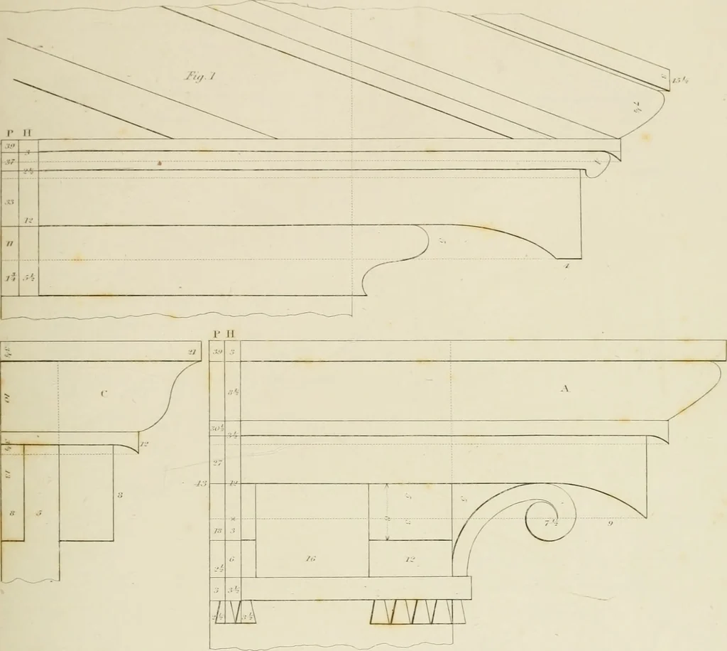 An illustration from The architect, or practical house carpenter : Illustrated by sixty-four engravings, which exhibit the orders of architecture, and other elements of the art, designed for the use of carpenters and builders, 1850, leaf 144
