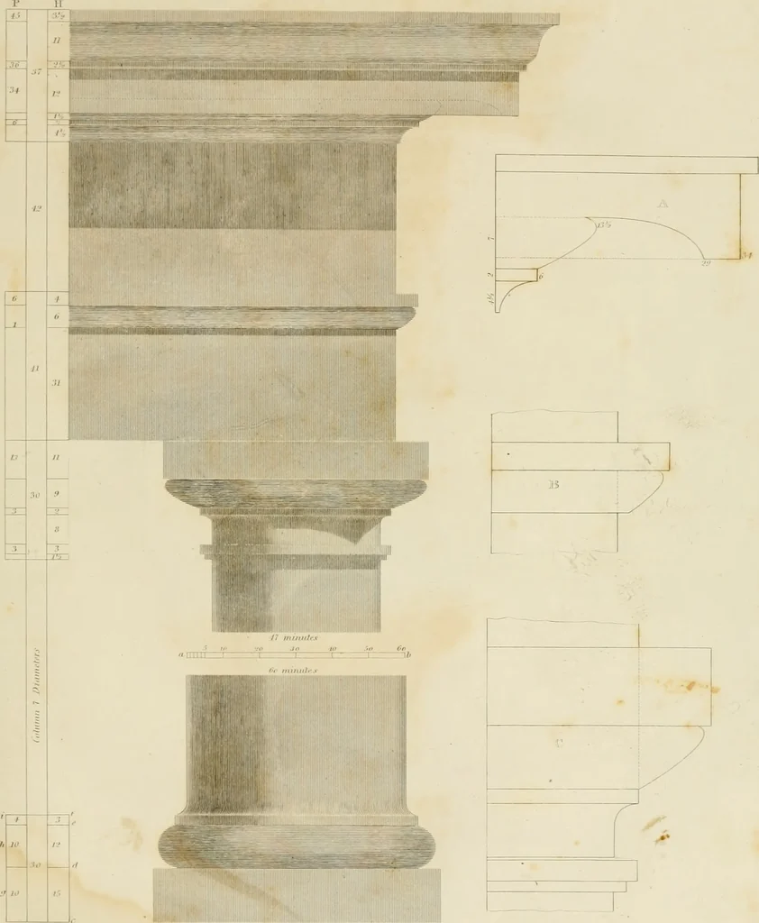 An illustration from The architect, or practical house carpenter : Illustrated by sixty-four engravings, which exhibit the orders of architecture, and other elements of the art, designed for the use of carpenters and builders, 1850, leaf 34