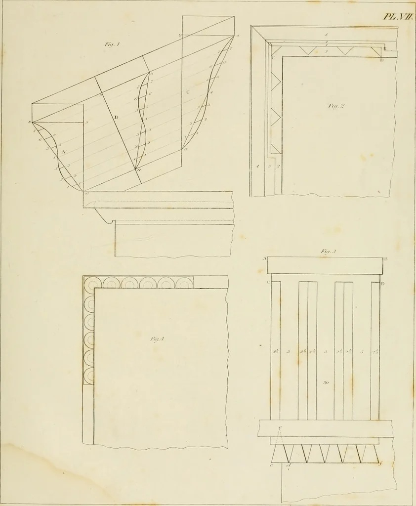 An illustration from The architect, or practical house carpenter : Illustrated by sixty-four engravings, which exhibit the orders of architecture, and other elements of the art, designed for the use of carpenters and builders, 1850, leaf 50