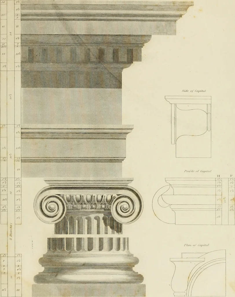 An illustration from The architect, or practical house carpenter : Illustrated by sixty-four engravings, which exhibit the orders of architecture, and other elements of the art, designed for the use of carpenters and builders, 1850, leaf 66