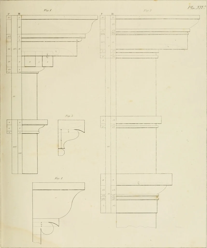 An illustration from The architect, or practical house carpenter : Illustrated by sixty-four engravings, which exhibit the orders of architecture, and other elements of the art, designed for the use of carpenters and builders, 1850, leaf 72