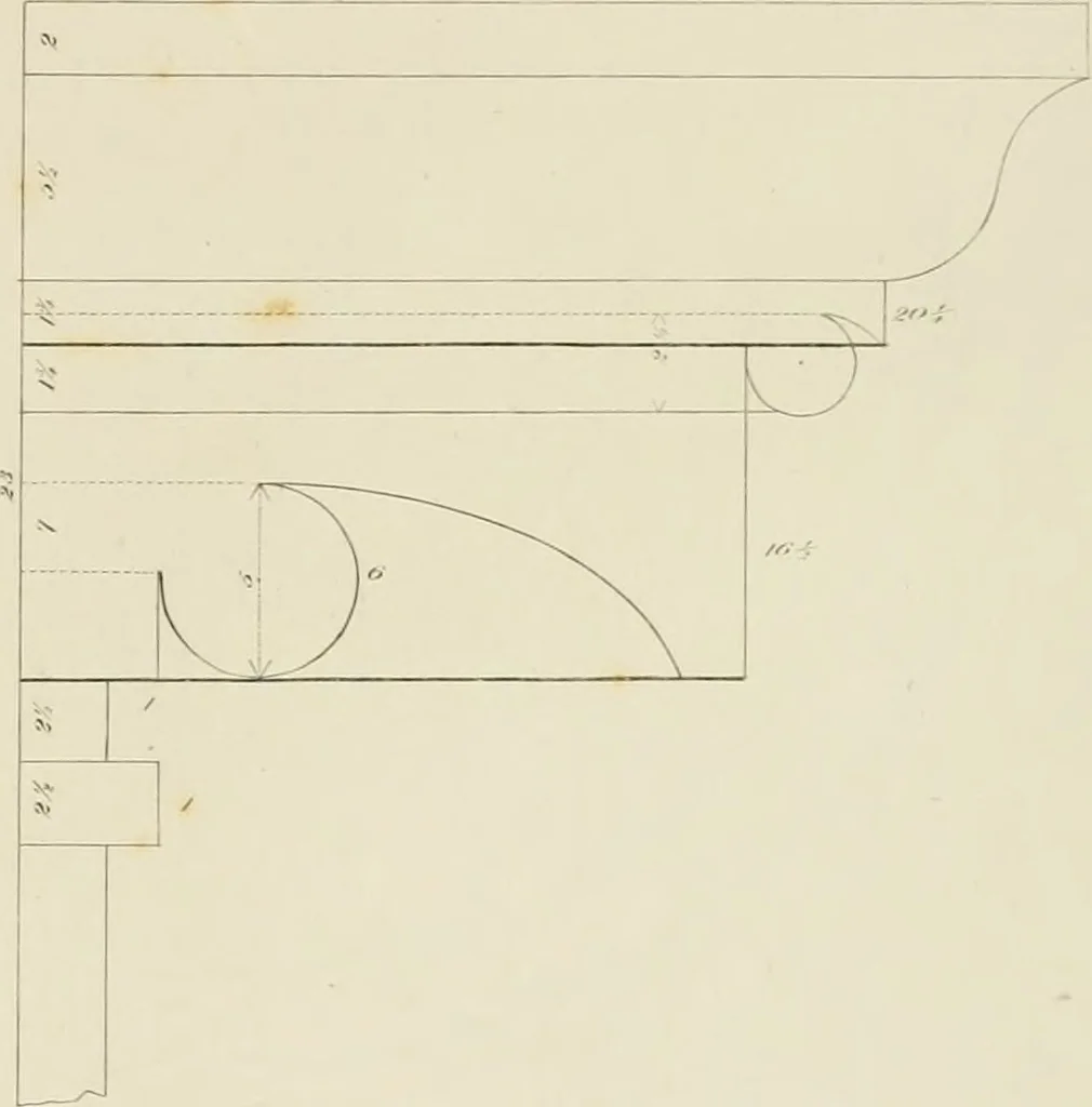 An illustration from The architect, or practical house carpenter : Illustrated by sixty-four engravings, which exhibit the orders of architecture, and other elements of the art, designed for the use of carpenters and builders, 1850, leaf 74