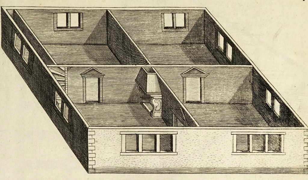 An illustration from Architectura chivilis : vertoonede verscheyde treffelijke cappen soo van toorens, kercke, als mede veelderhande voorname huysen, etc. : en eenige wenteltrappe dienstigh voor alle lief-hebbers en leerlingen van de bouw-konst, 1670, leaf 15