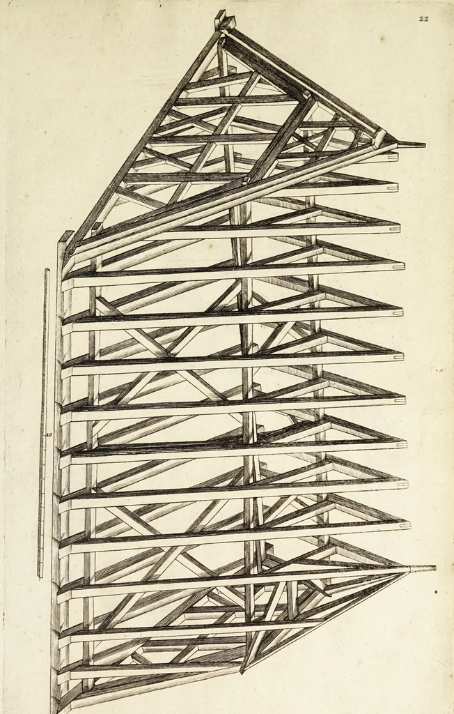 An illustration from Architectura chivilis : vertoonede verscheyde treffelijke cappen soo van toorens, kercke, als mede veelderhande voorname huysen, etc. : en eenige wenteltrappe dienstigh voor alle lief-hebbers en leerlingen van de bouw-konst, 1670, leaf 19