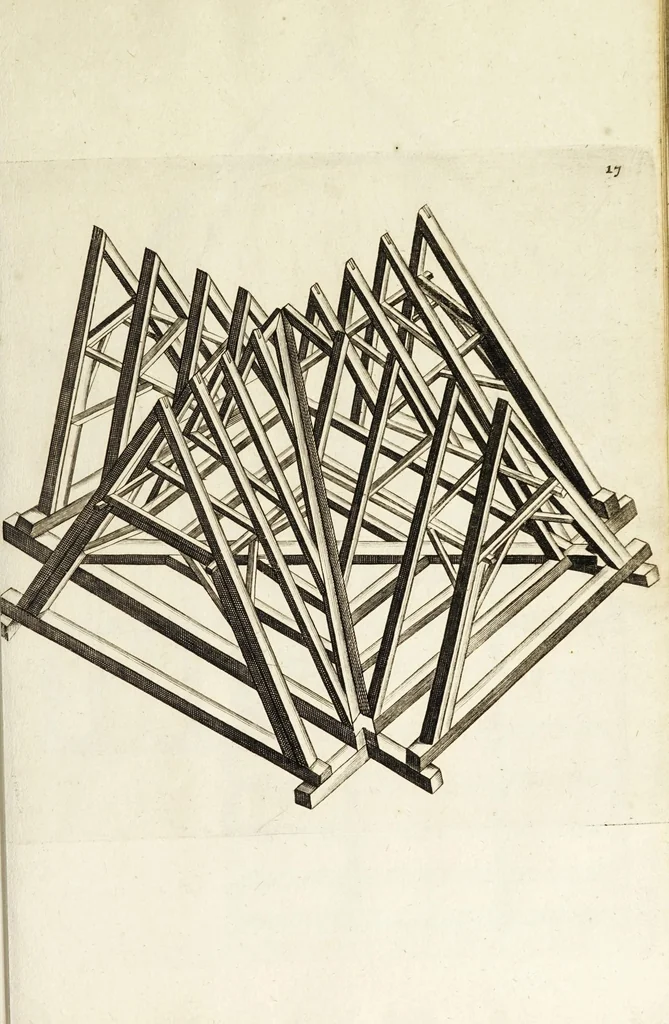 An illustration from Architectura chivilis : vertoonede verscheyde treffelijke cappen soo van toorens, kercke, als mede veelderhande voorname huysen, etc. : en eenige wenteltrappe dienstigh voor alle lief-hebbers en leerlingen van de bouw-konst, 1670, leaf 31