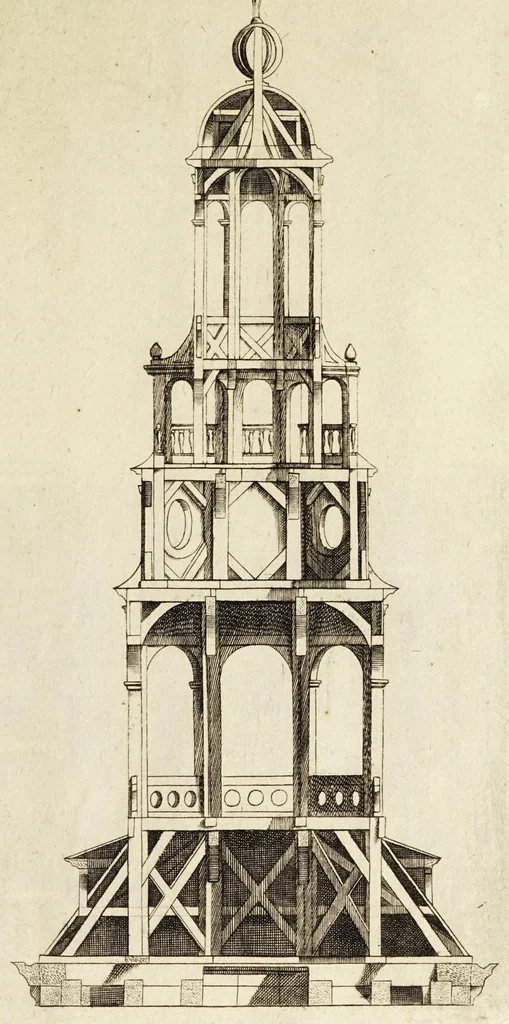 An illustration from Architectura chivilis : vertoonede verscheyde treffelijke cappen soo van toorens, kercke, als mede veelderhande voorname huysen, etc. : en eenige wenteltrappe dienstigh voor alle lief-hebbers en leerlingen van de bouw-konst, 1670, leaf 49