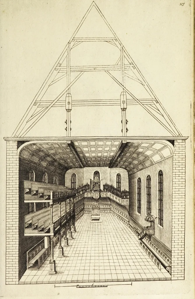 An illustration from Architectura chivilis : vertoonede verscheyde treffelijke cappen soo van toorens, kercke, als mede veelderhande voorname huysen, etc. : en eenige wenteltrappe dienstigh voor alle lief-hebbers en leerlingen van de bouw-konst, 1670, leaf 51