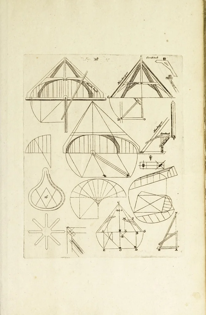 An illustration from Architectura chivilis : vertoonede verscheyde treffelijke cappen soo van toorens, kercke, als mede veelderhande voorname huysen, etc. : en eenige wenteltrappe dienstigh voor alle lief-hebbers en leerlingen van de bouw-konst, 1670, leaf 53