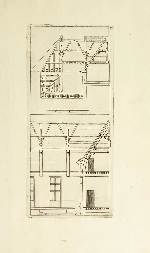 An illustration from Architectura chivilis : vertoonede verscheyde treffelijke cappen soo van toorens, kercke, als mede veelderhande voorname huysen, etc. : en eenige wenteltrappe dienstigh voor alle lief-hebbers en leerlingen van de bouw-konst, 1670, leaf 65