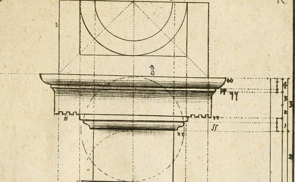 An illustration from Architectura civilis nova & antiqua : das ist von den fünff Säulen zu der Baukunst gehörig, wie dieselbige vom Vitruvio, Archimede, und andern alten Meistern auss rechtem fundament in gewisse Lehrsätz und Regeln abgefasset und begriffen ..., 1663, leaf 18