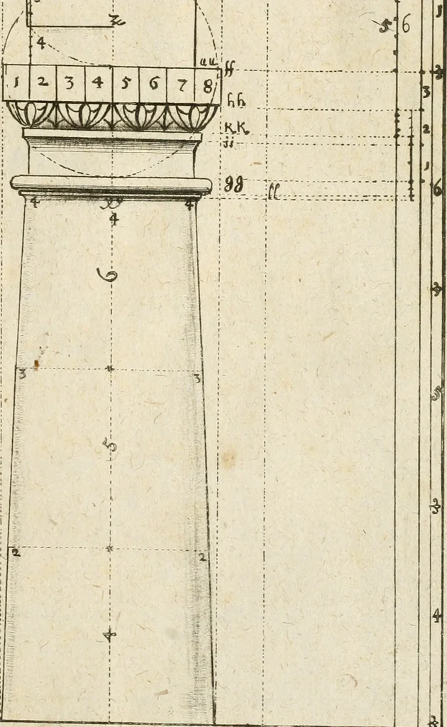 An illustration from Architectura civilis nova & antiqua : das ist von den fünff Säulen zu der Baukunst gehörig, wie dieselbige vom Vitruvio, Archimede, und andern alten Meistern auss rechtem fundament in gewisse Lehrsätz und Regeln abgefasset und begriffen ..., 1663, leaf 18
