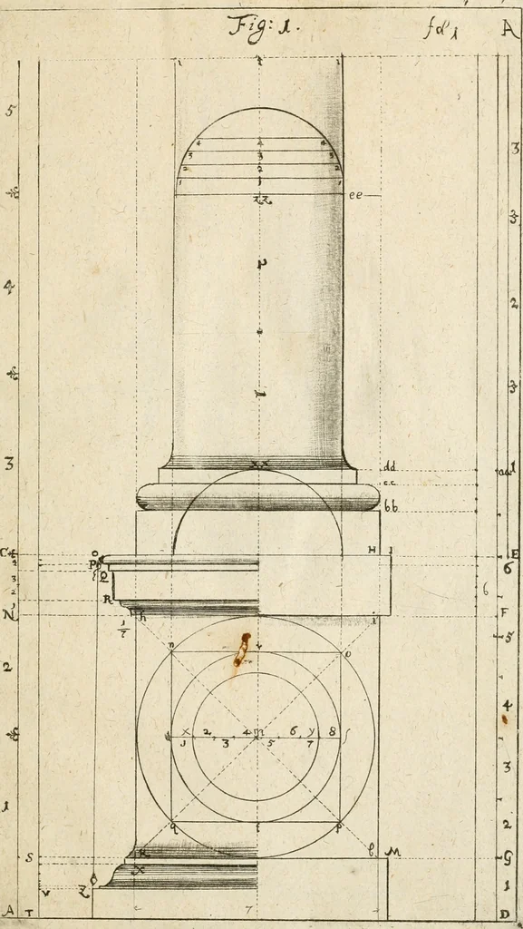 An illustration from Architectura civilis nova & antiqua : das ist von den fünff Säulen zu der Baukunst gehörig, wie dieselbige vom Vitruvio, Archimede, und andern alten Meistern auss rechtem fundament in gewisse Lehrsätz und Regeln abgefasset und begriffen ..., 1663, leaf 20
