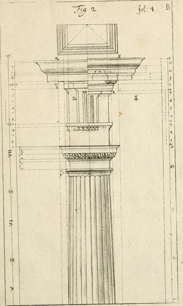 An illustration from Architectura civilis nova & antiqua : das ist von den fünff Säulen zu der Baukunst gehörig, wie dieselbige vom Vitruvio, Archimede, und andern alten Meistern auss rechtem fundament in gewisse Lehrsätz und Regeln abgefasset und begriffen ..., 1663, leaf 24