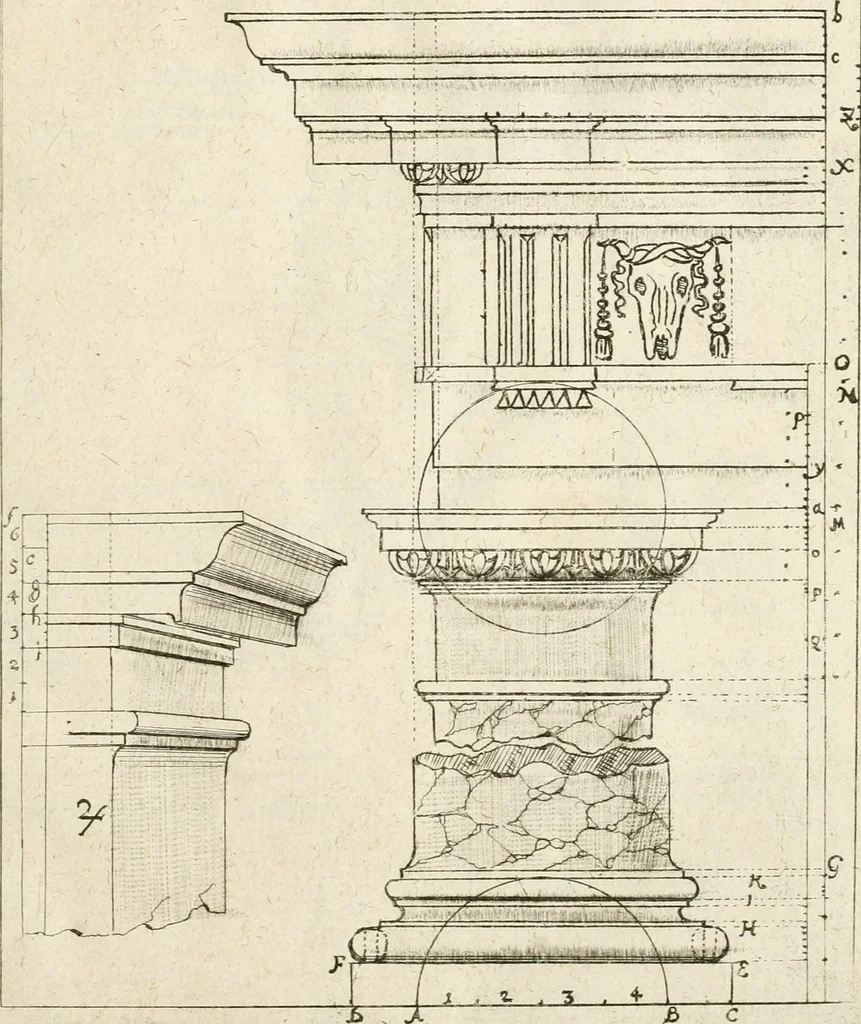 An illustration from Architectura civilis nova & antiqua : das ist von den fünff Säulen zu der Baukunst gehörig, wie dieselbige vom Vitruvio, Archimede, und andern alten Meistern auss rechtem fundament in gewisse Lehrsätz und Regeln abgefasset und begriffen ..., 1663, leaf 28