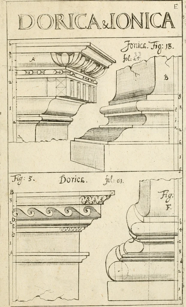 An illustration from Architectura civilis nova & antiqua : das ist von den fünff Säulen zu der Baukunst gehörig, wie dieselbige vom Vitruvio, Archimede, und andern alten Meistern auss rechtem fundament in gewisse Lehrsätz und Regeln abgefasset und begriffen ..., 1663, leaf 30