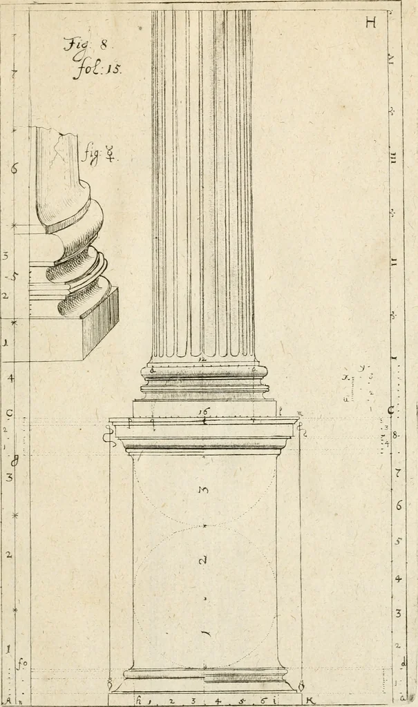 An illustration from Architectura civilis nova & antiqua : das ist von den fünff Säulen zu der Baukunst gehörig, wie dieselbige vom Vitruvio, Archimede, und andern alten Meistern auss rechtem fundament in gewisse Lehrsätz und Regeln abgefasset und begriffen ..., 1663, leaf 36