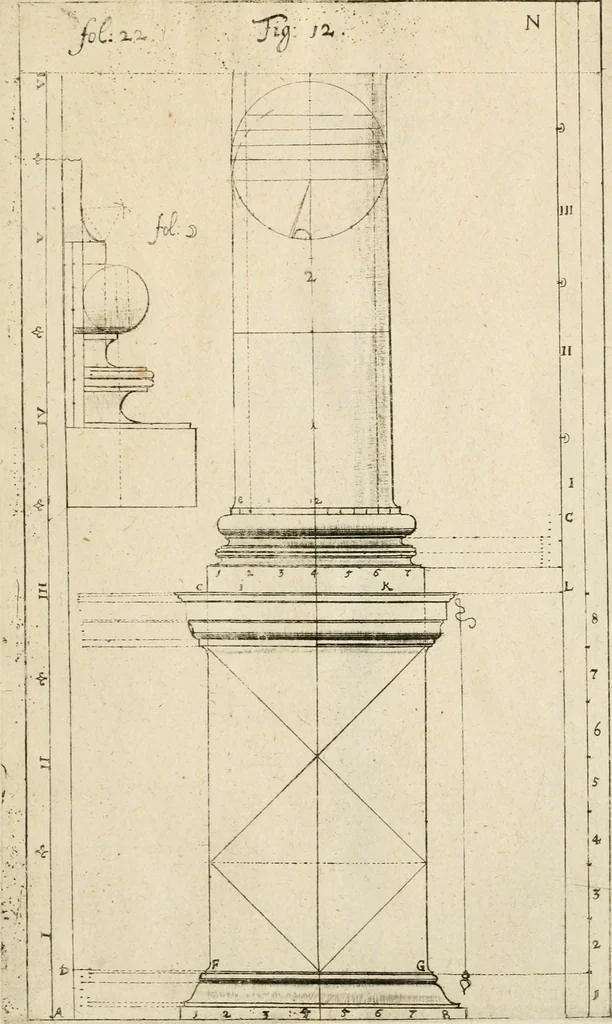 An illustration from Architectura civilis nova & antiqua : das ist von den fünff Säulen zu der Baukunst gehörig, wie dieselbige vom Vitruvio, Archimede, und andern alten Meistern auss rechtem fundament in gewisse Lehrsätz und Regeln abgefasset und begriffen ..., 1663, leaf 46