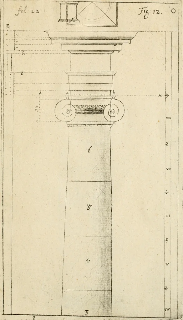 An illustration from Architectura civilis nova & antiqua : das ist von den fünff Säulen zu der Baukunst gehörig, wie dieselbige vom Vitruvio, Archimede, und andern alten Meistern auss rechtem fundament in gewisse Lehrsätz und Regeln abgefasset und begriffen ..., 1663, leaf 48