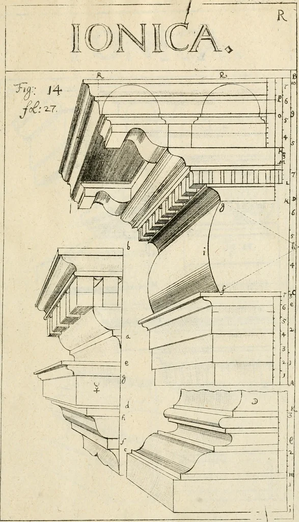An illustration from Architectura civilis nova & antiqua : das ist von den fünff Säulen zu der Baukunst gehörig, wie dieselbige vom Vitruvio, Archimede, und andern alten Meistern auss rechtem fundament in gewisse Lehrsätz und Regeln abgefasset und begriffen ..., 1663, leaf 54