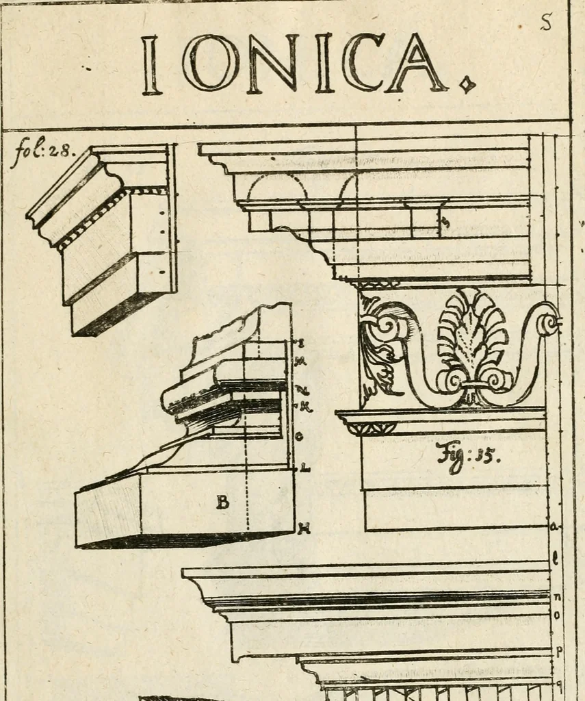 An illustration from Architectura civilis nova & antiqua : das ist von den fünff Säulen zu der Baukunst gehörig, wie dieselbige vom Vitruvio, Archimede, und andern alten Meistern auss rechtem fundament in gewisse Lehrsätz und Regeln abgefasset und begriffen ..., 1663, leaf 56
